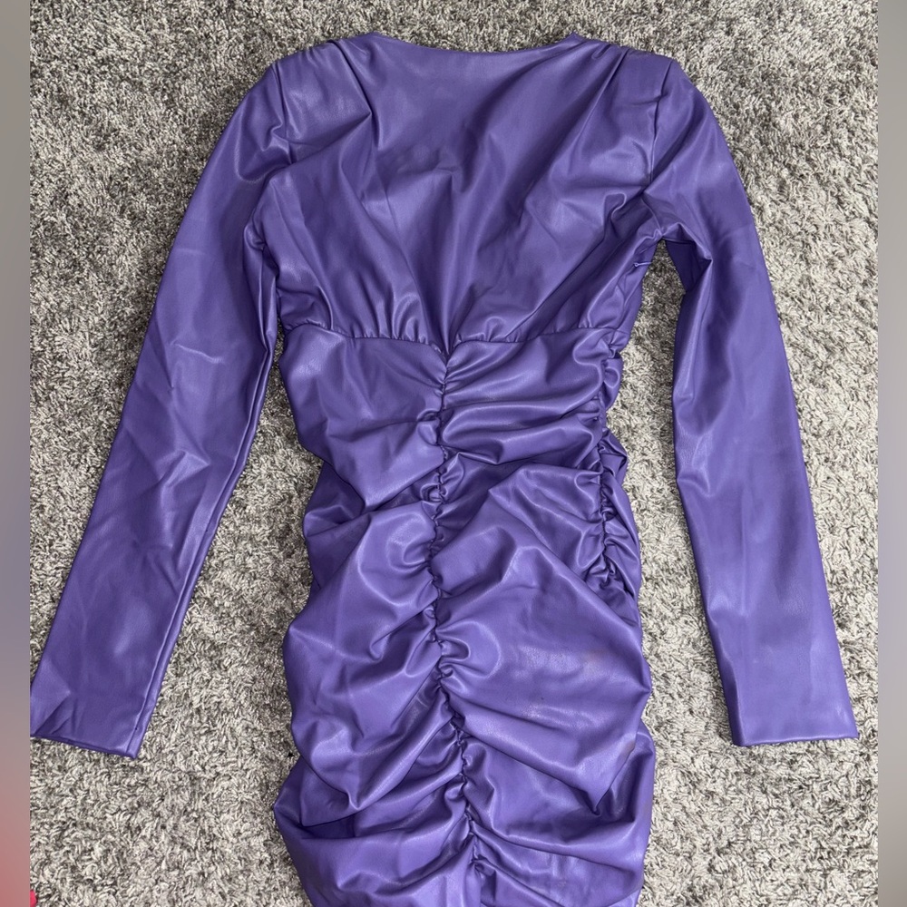 Purple Leather Ruched Long Sleeve Dress
